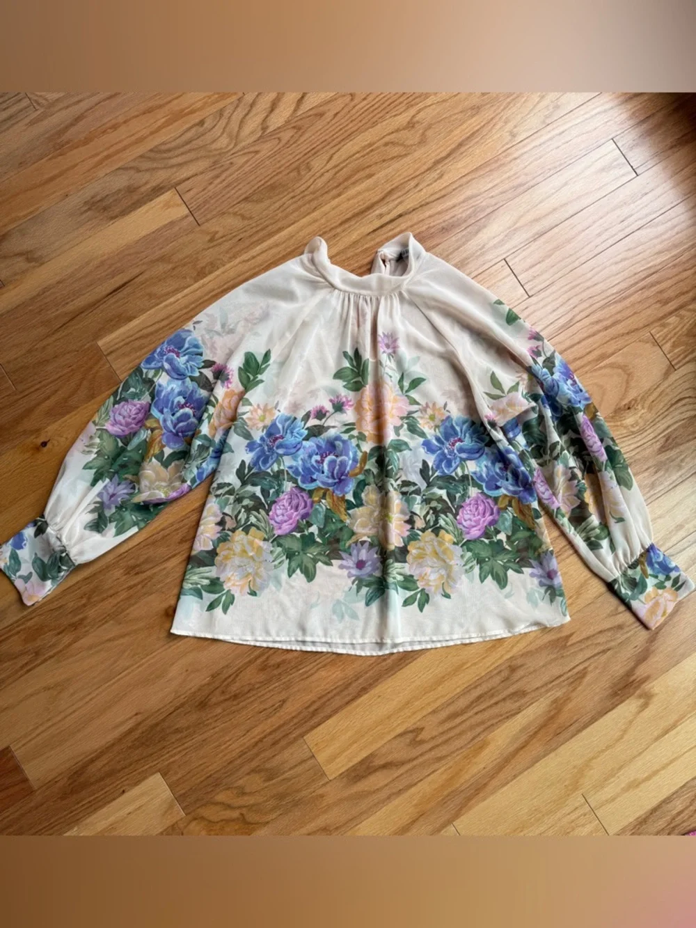 Zara Cream Floral sheer Blouse with tie neck